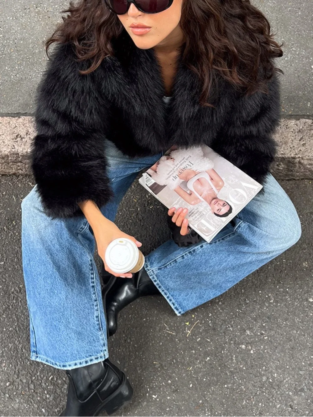 Black Faux Fur Cropped Jacket - Women shaggy